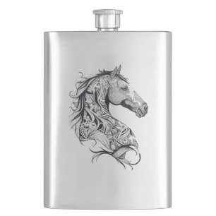 Horse Wild Animal Nature Illustration Art Tattoo Hip Flask