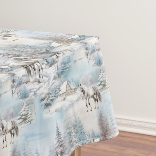 Horse winter pattern snowy forest scenery tablecloth (In Situ)