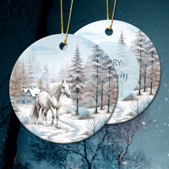 Horse winter scene snow forest Christmas Ceramic Tree Decoration (Horse winter scene snow forest Christmas Ceramic Ornament)