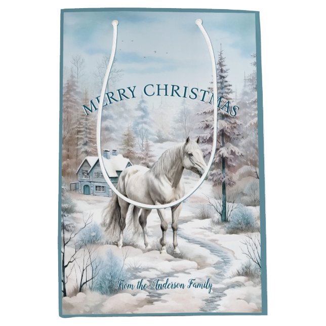 Horse winter scene snow forest Christmas Medium Gift Bag (Front)