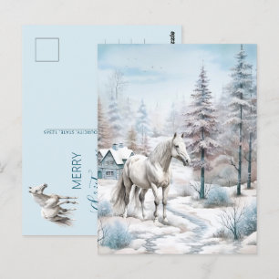 Horse winter scene snow forest Christmas Postcard