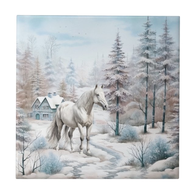 Horse winter scene snow forest Christmas Tile (Front)