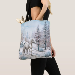 Horse winter scene snow forest Christmas Tote Bag
