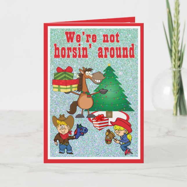 Horse With Gifts and Stick Horse Kids Holiday Card (Front)