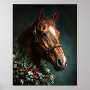 Horse with Holiday Wreath and Red Ribbon Poster