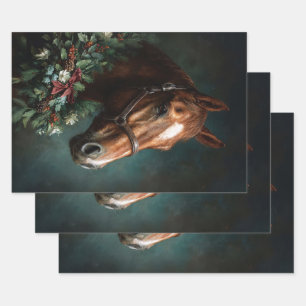 Horse with Holiday Wreath and Red Ribbon Wrapping Paper Sheet