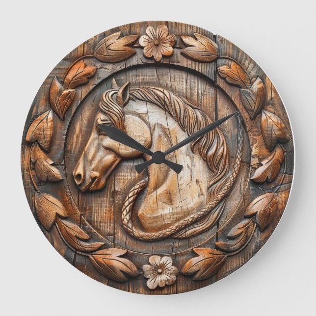 Horse Wood Carving Country Western   Large Clock (Front)