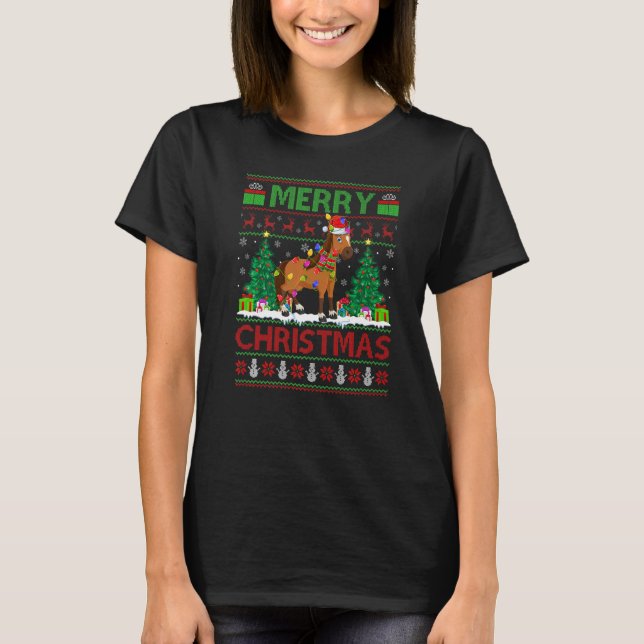 Horse  Xmas Tree Lights Ugly Santa Horse Christmas T-Shirt (Front)