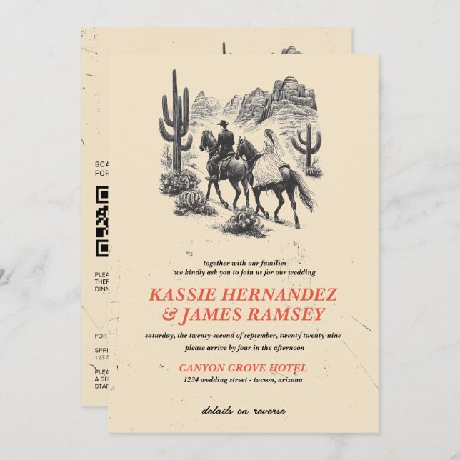 Horseback Canyon Couple with QR Code and Details Invitation (Front/Back)