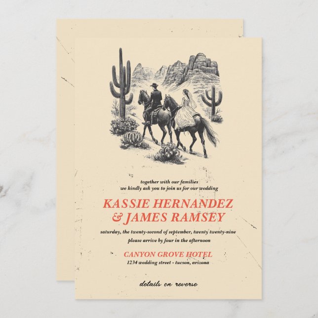 Horseback Canyon Couple with QR Code Wedding Invitation (Front/Back)