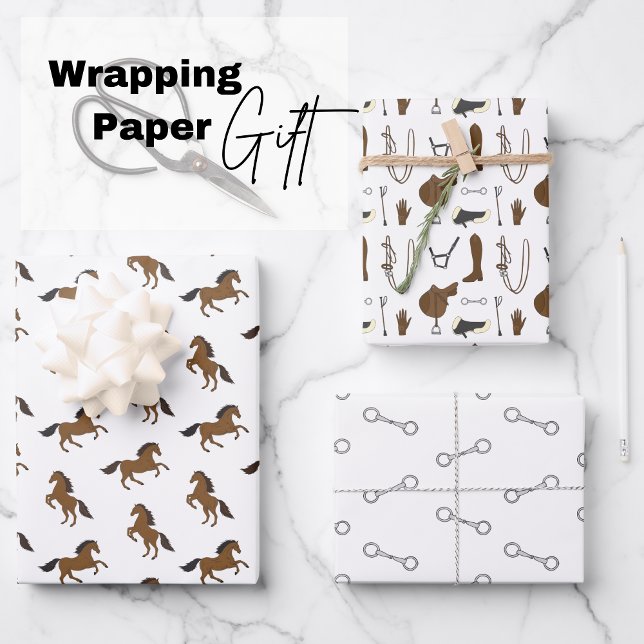 Horseback Riding Wrapping Paper Sheet (Horses, bits and horseback riding material, three designs)