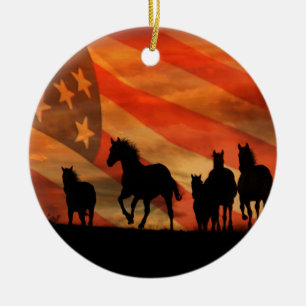 Horses and American Flag Ceramic Tree Decoration