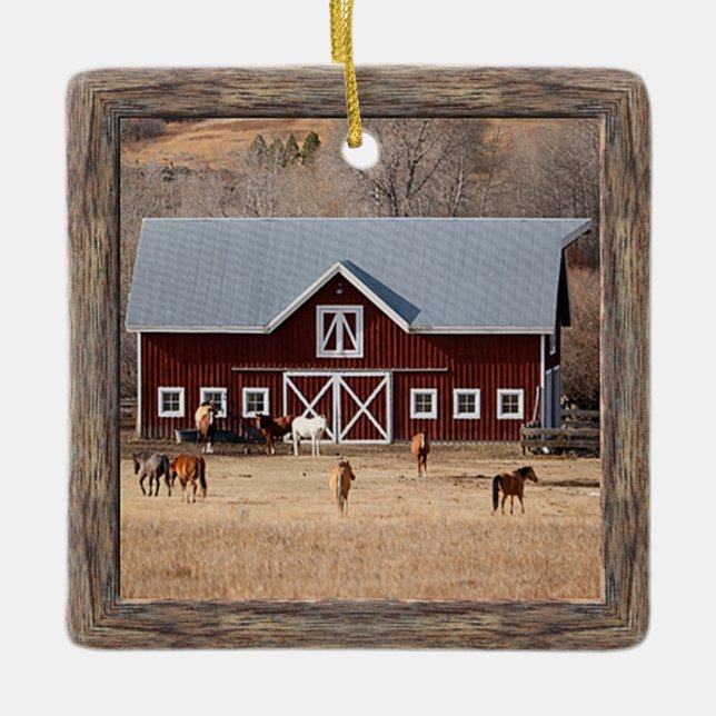 Horses and Barn Photo Ceramic Ornament (Front)