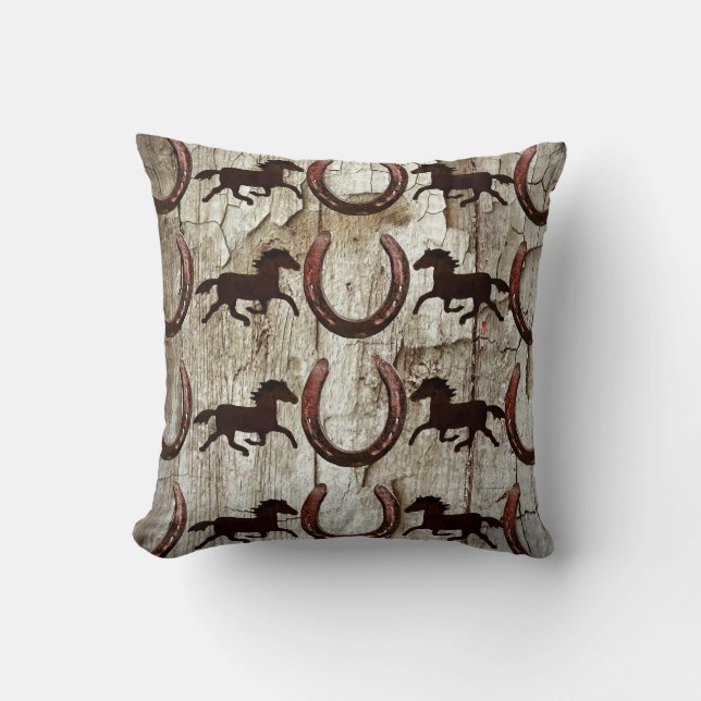 Horses and Horseshoes on Barn Wood Cowboy Gifts Cushion (Front)