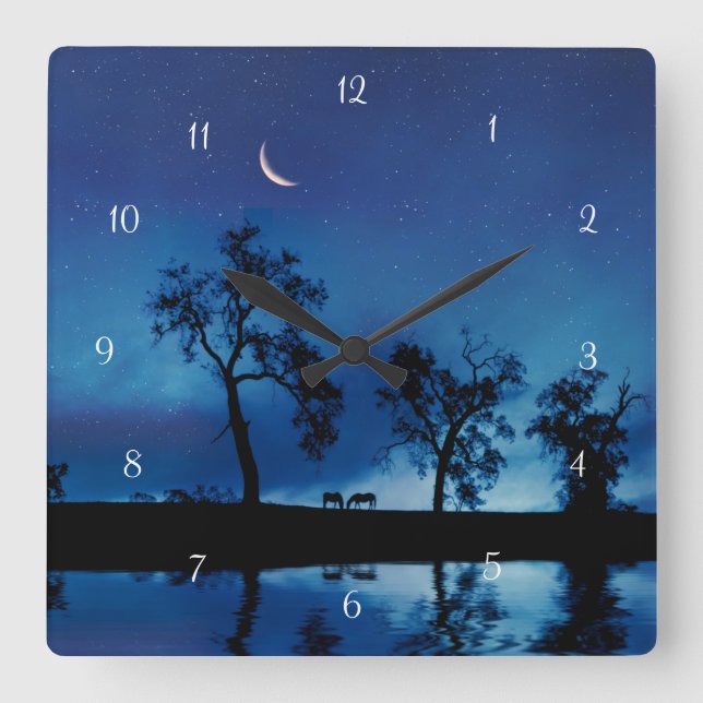 Horses and Moon Stars Fantasy Beautiful Square Wall Clock (Front)