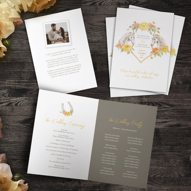 Horses and roses yellow monogram art wedding programme (Creator Uploaded)
