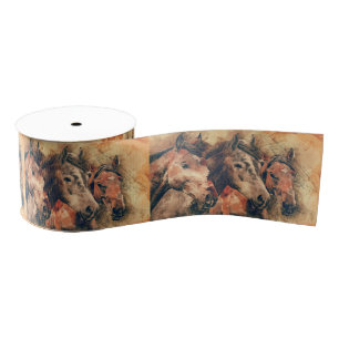 Horses Artistic Watercolor Painting Decorative Grosgrain Ribbon