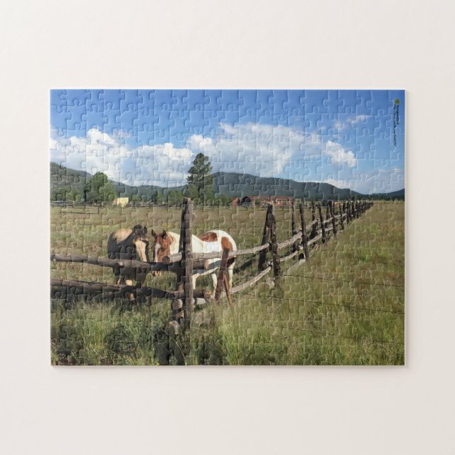 Horses At Rustic Log Pole Fence Photograph Jigsaw Puzzle (Horizontal)