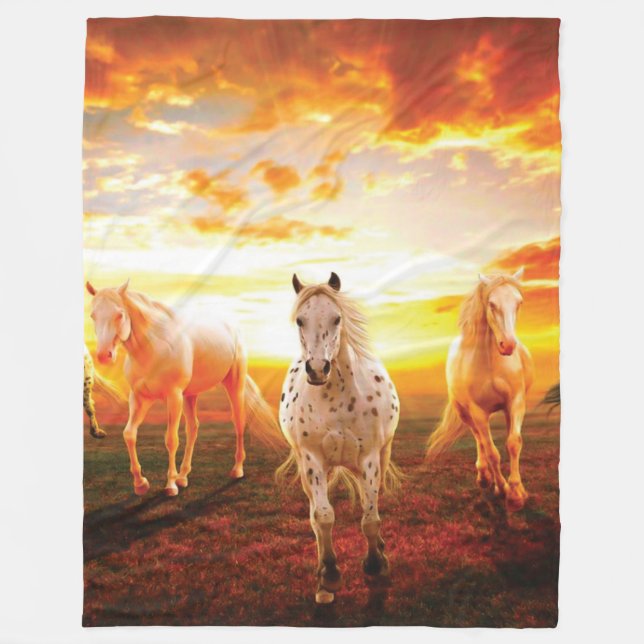 Horses at sunset throw pillow fleece blanket (Front)