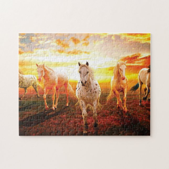 Horses at sunset throw pillow jigsaw puzzle (Horizontal)