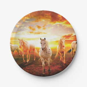 Horses at sunset throw pillow paper plate