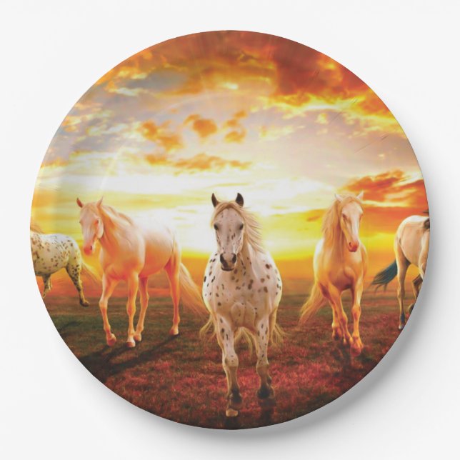 Horses at sunset throw pillow paper plate (Front)