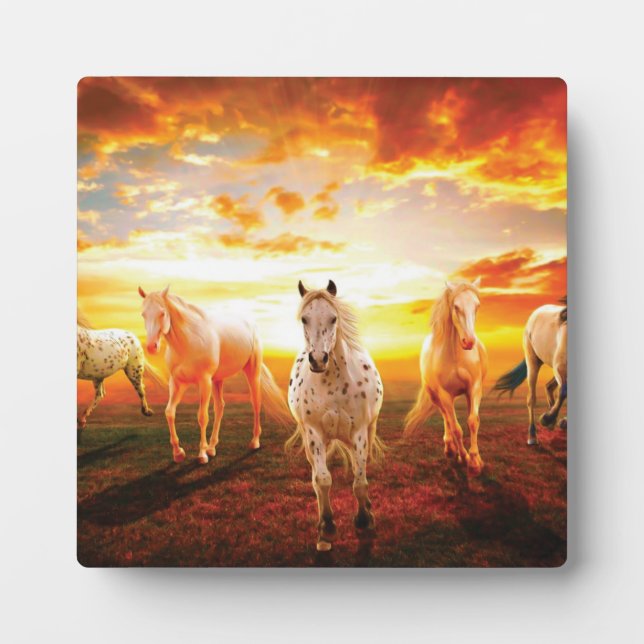 Horses at sunset throw pillow plaque (Front)