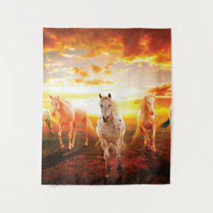 Horses at sunset throw pillow tapestry