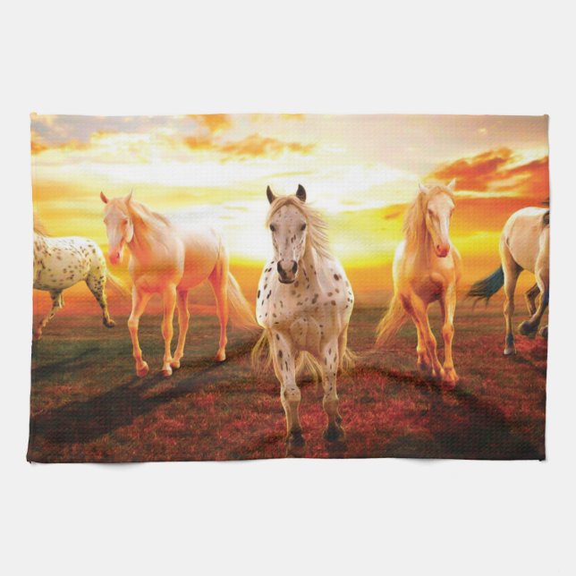 Horses at sunset throw pillow tea towel (Horizontal)
