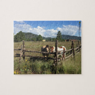 Horses At The Rustic Log Fence Photography Jigsaw Puzzle