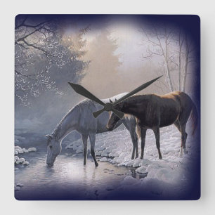 Horses at winter stream Wall Clock