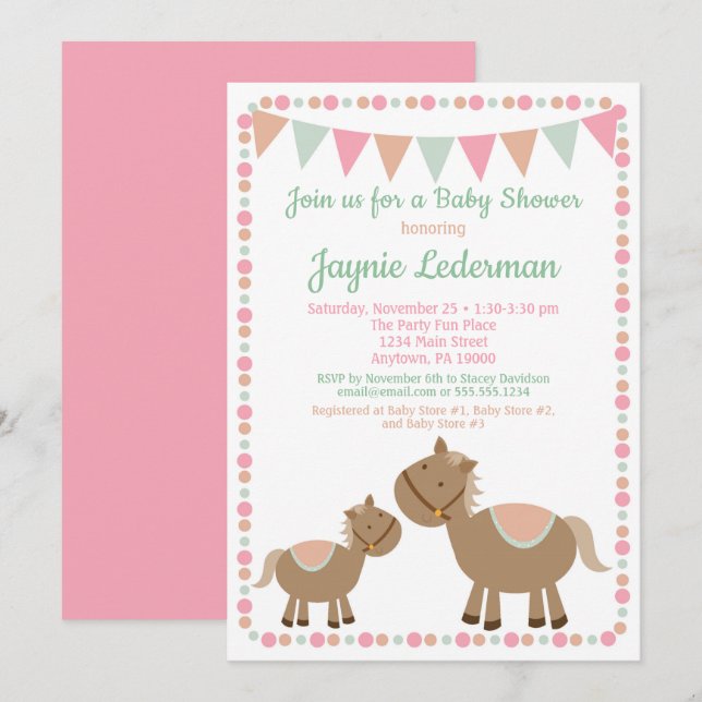 Horses Baby Shower Invitation Country Girl Pink (Front/Back)