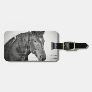 Horses Behind the Fence in Black and White Luggage Tag