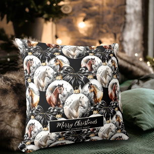 Horses black and gold Christmas pattern Cushion