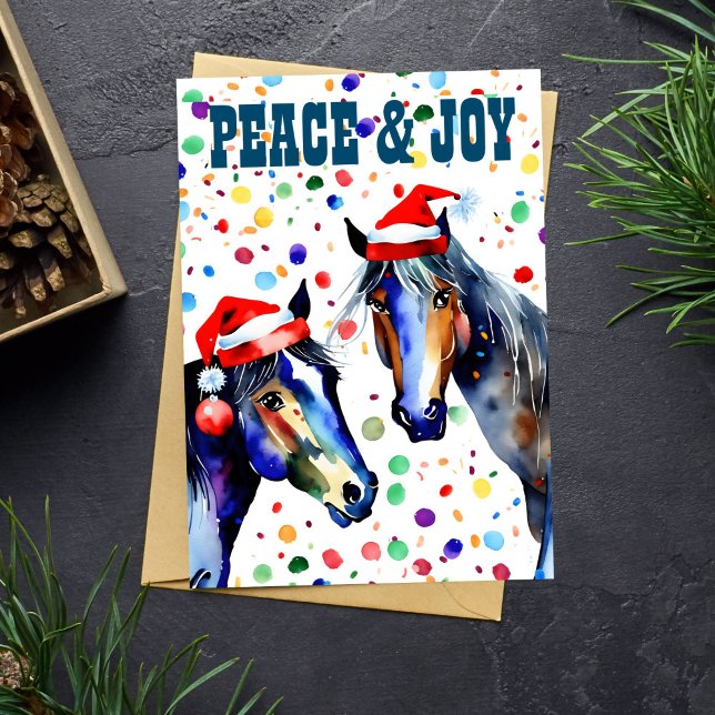 Horses Christmas peace and joy greeting Holiday Card (Horses Christmas peace and joy greeting card template two beautiful English horses in red Santa hats)