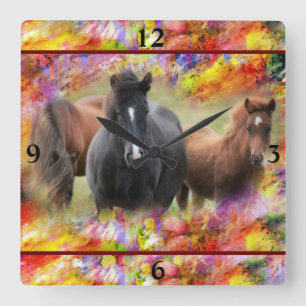 Horses Colourful Square Wall Clock