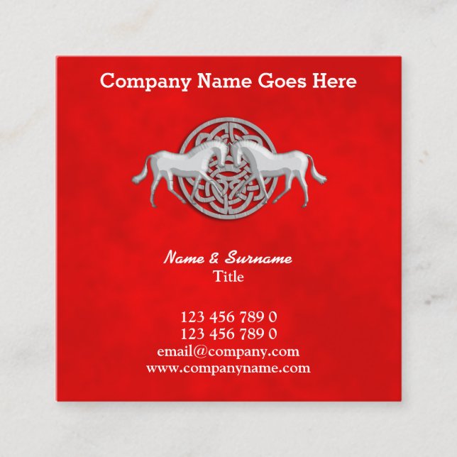 Horses crest faux red suede celtic knot horse square business card (Front)
