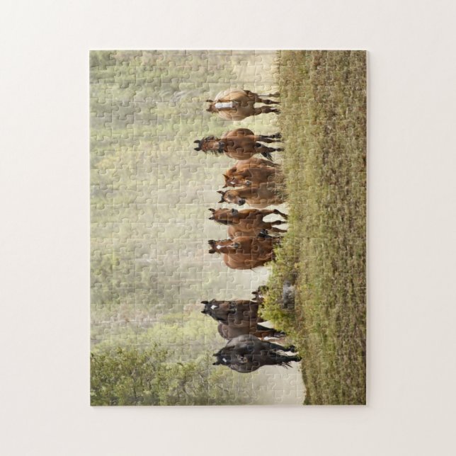 Horses cresting small hill during roundup jigsaw puzzle (Vertical)