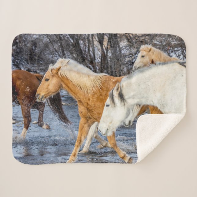 Horses Crossing the Stream Sherpa Blanket (Front (Horizontal))