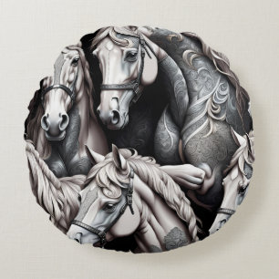 Horses Detailed Painting in Black& White Art Round Cushion