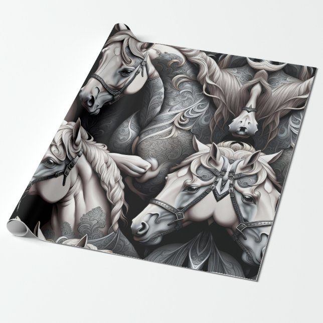 Horses Detailed Painting in Black& White Art  Wrapping Paper (Unrolled)