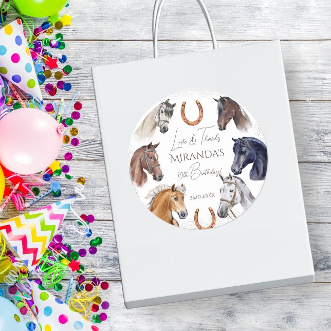 Horses equestrian elegant birthday party favour classic round sticker (Horses equestrian elegant birthday party favor sticker horses themed birthday thank you stickers)