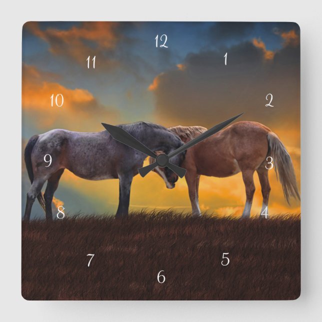 Horses Fantasy Surreal Sunrise Palomino Roan Square Wall Clock (Front)