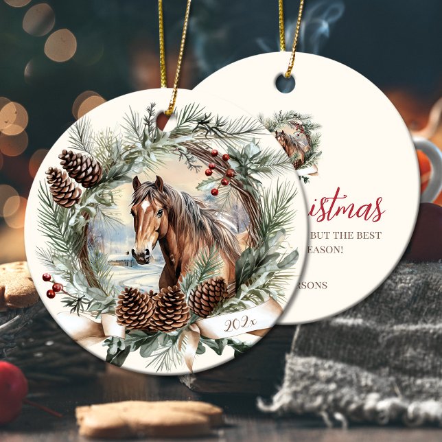 Horses farm animal Christmas pinecone wreath Ceramic Tree Decoration (Horses farm animal Christmas pinecone wreath Ceramic Ornament)