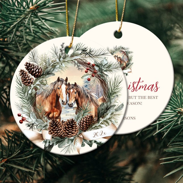 Horses farm animal Christmas pinecone wreath Ceramic Tree Decoration (Horses farm animal Christmas pinecone wreath Ceramic Ornament)