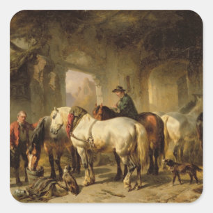 Horses Feeding in the Stable Square Sticker
