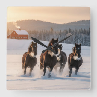 Horses galloping on a winter morning - square wall clock