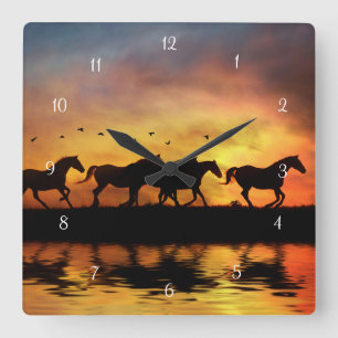 Horses Galloping Sunset and Water Square Wall Clock
