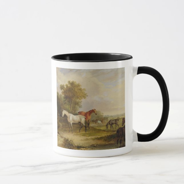 Horses Grazing: A Grey Stallion grazing with Mares Mug (Right)
