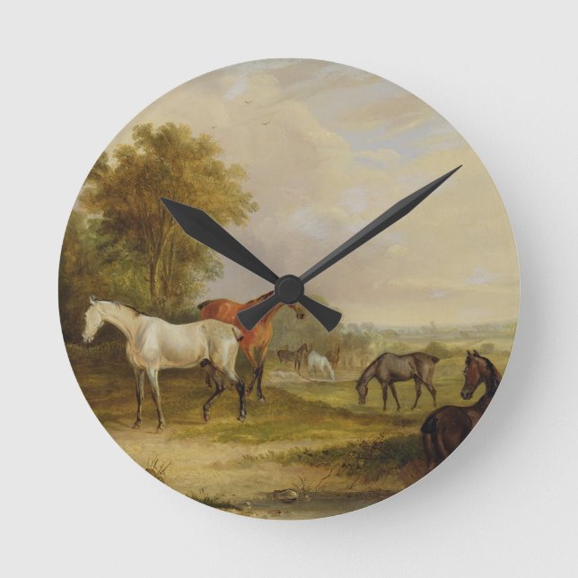 Horses Grazing: A Grey Stallion grazing with Mares Round Clock (Front)